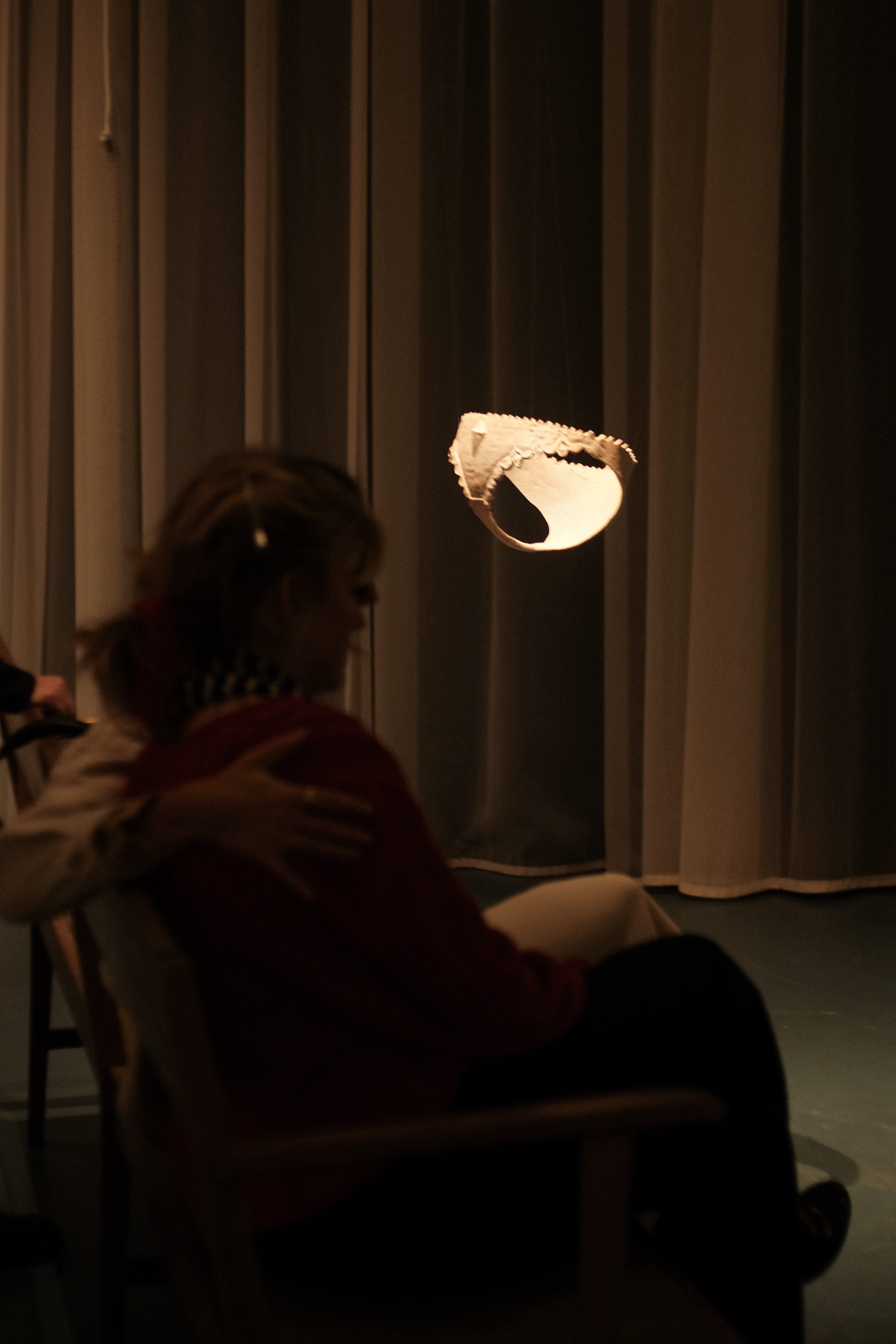 silhouttes of people in the front watching the hanging ceramic underwear
