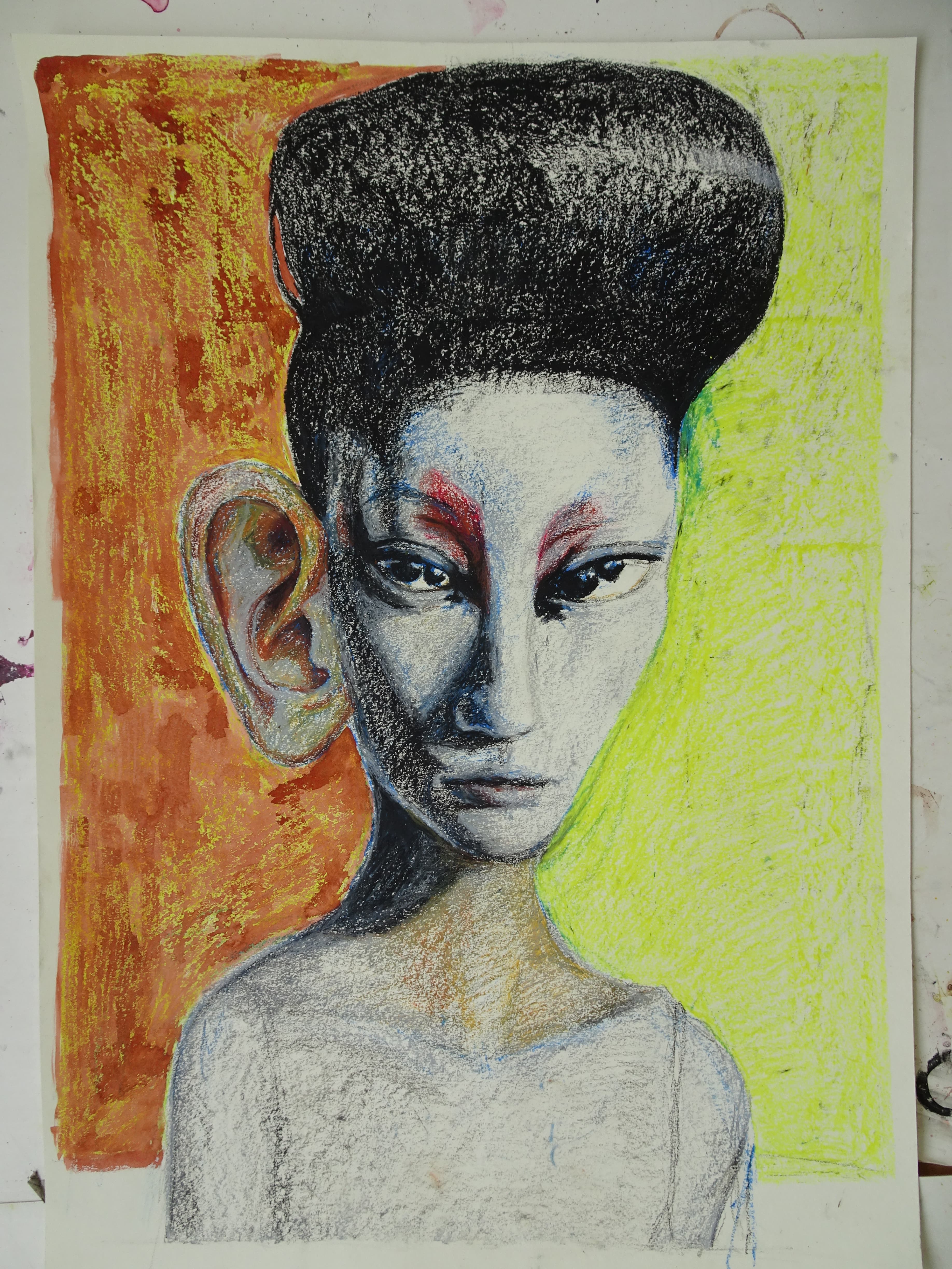 pastel drawing of woman with large ear